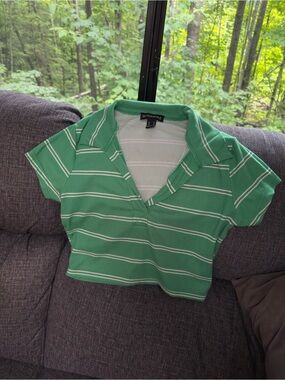 Essentials Green and White Striped Polo Crop Top